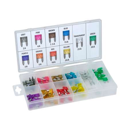 Siguranţe - Kit siguranțe auto în cutie de depozitare - 100 buc - 2-30A - Mini 11 x 9 mm