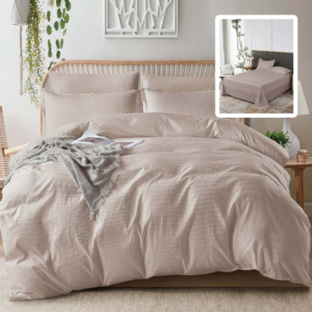 Lenjerii de pat - Lenjerie de pat creponată uni 6 piese cu husă (cappucino)