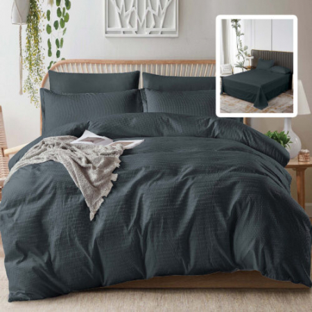 Textile pentru casă - Lenjerie de pat creponată uni 6 piese cu husă (negru)