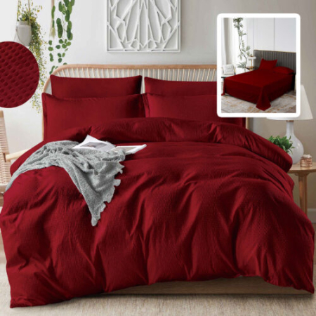 Lenjerii de pat - Lenjerie de pat creponată uni 6 piese cu husă (roșu)