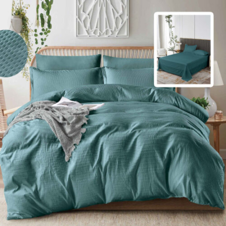 Lenjerii de pat - Lenjerie de pat creponată uni 6 piese cu husă (turcoaz)