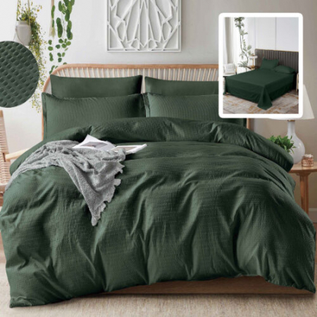 Textile pentru casă - Lenjerie de pat creponată uni 6 piese cu husă (verde)