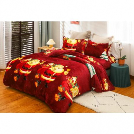 Textile pentru casă - Lenjerie de pat dublu cocolino, pucioasa, bordo cu mos craciun