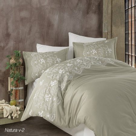 Lenjerii de pat - Lenjerie de pat satin brodat 6 piese (natura v2)
