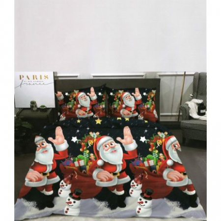 Textile pentru casă - Lenjerii de pat dublu cocolino, pucioasa, mos craciun cu sacul - bleumarin