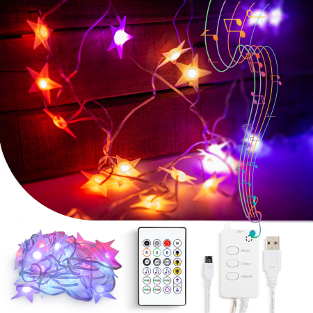 Decorațiuni, idei de cadouri - Lumină inteligentă șir - stea - USB - 25 LED-uri RGB - 5 m - Bluetooth