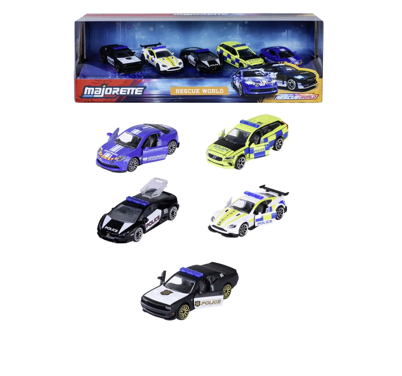 Mașinuțe cu telecomandă - MAJORETTE SET 5 MASINUTE DE POLITIE METALICE RESCUE WORLD 7.5CM
