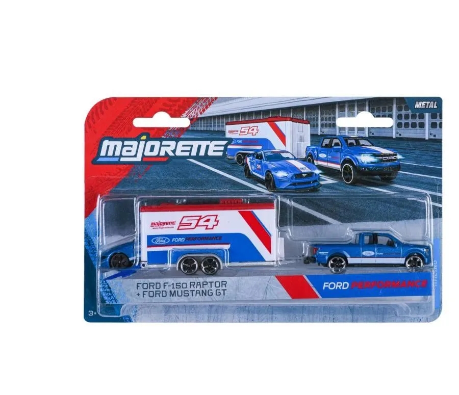 Mașinuțe cu telecomandă - MAJORETTE TRANSPORTER SET REMORCA DE CURSE DELUXE FORD F 150 RAPTOR SI MASINUTA FORD MUSTANG GT