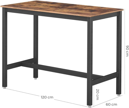 Masa de bar pentru bucatarie, dreptunghiulara, inalta, cadru de otel, 60x120x90cm, stil industrial, maro rustic si negru [1]
