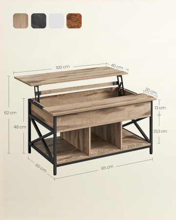 Masa de cafea cu inaltime reglabila, spatiu de depozitare ascuns, 60x100x(48-62) cm, gri stejar [3]