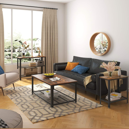 Mese cafea și decorative - Masa de cafea laterala, cu 2 nivele, cadru din otel, 60x30x60cm, maro rustic