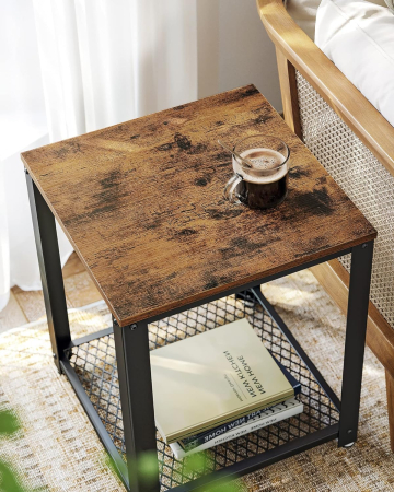 Masa de cafea laterala, tip noptiera, cu cadru metalic, 45x45x55cm, maro rustic si negru [5]
