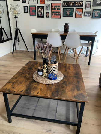 Mese cafea și decorative - Masa de cafea patrata, cadru otel si polita de depozitare, stil industrial, 80x80x45cm, maro rustic si negru
