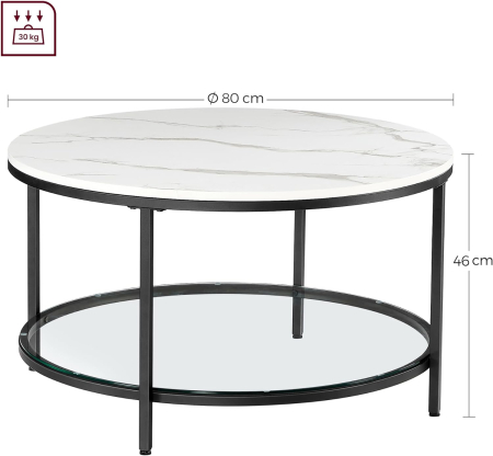 Masa de cafea rotunda cu blat din imitatie de marmura, polita suplimentara din sticla, 80x45cm, alb si negru [1]