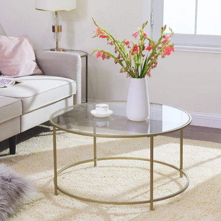 Mese cafea și decorative - Masa de cafea rotunda, din sticla securizata cu cadru metalic, 84x84x45cm, auriu