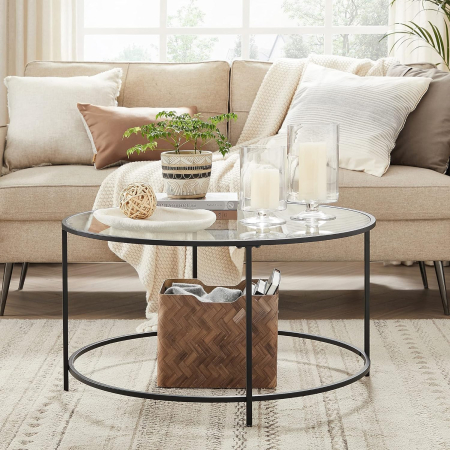 Mese cafea și decorative - Masa de cafea rotunda, din sticla securizata cu cadru metalic, 84x84x45cm, negru