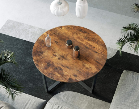 Masa de cafea rotunda, stil industrial, cadru metalic si blat lemn, 88x88x47cm, maro rustic si negru [3]