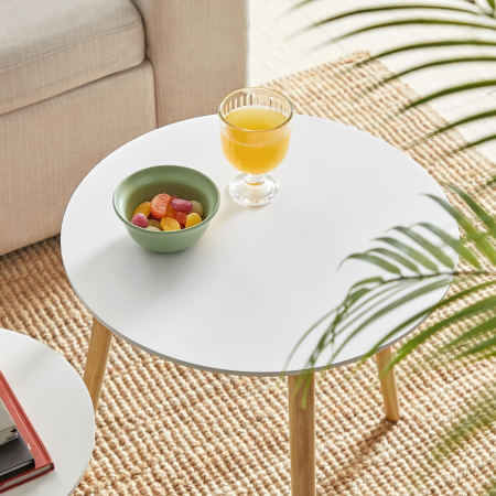 Masa de cafea, set de 2 bucati, picioare din lemn si blat MDF, design minimalist scandinav, 45x50cm si 35x35cm, alb [8]