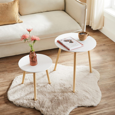 Masa de cafea, set de 2 bucati, picioare din lemn si blat MDF, design minimalist scandinav, 45x50cm si 35x35cm, alb [5]