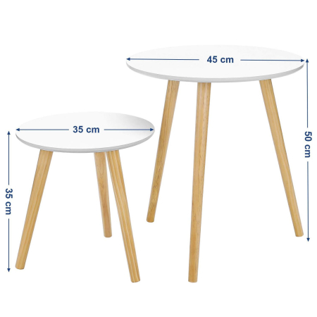 Masa de cafea, set de 2 bucati, picioare din lemn si blat MDF, design minimalist scandinav, 45x50cm si 35x35cm, alb [15]