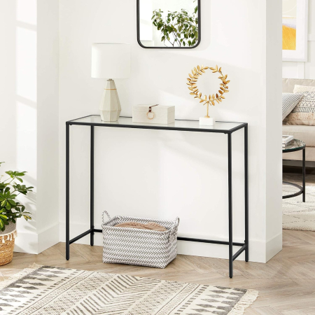 Mese cafea și decorative - Masa de intrare, blat din sticla securizata, cadru din metal, pentru sufragerie, 100x35x80cm, negru