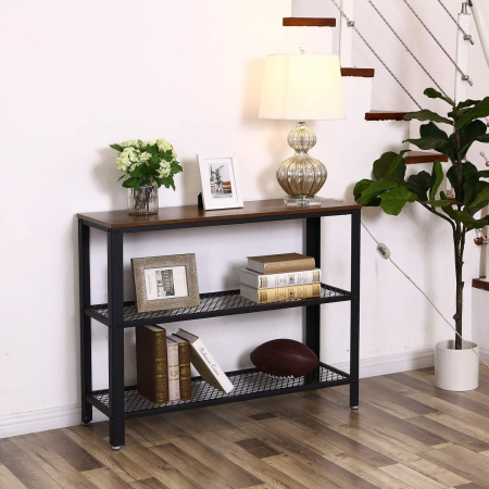 Mese cafea și decorative - Masa de intrare, cadru metalic cu 3 polite din MDF, 35x102x80cm, maro rustic si negru