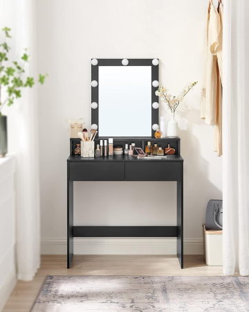 Masa de toaleta cu iluminare LED, cu oglinda, luminozitate reglabila, cu 2 sertare, 80x40x145cm, negru [9]