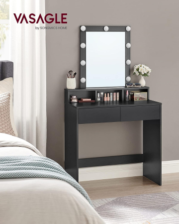 Mese de toaletă cu oglinzi - Masa de toaleta cu iluminare LED, cu oglinda, luminozitate reglabila, cu 2 sertare, 80x40x145cm, negru