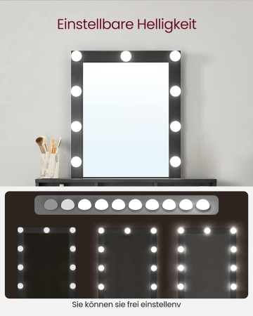 Masa de toaleta cu iluminare LED, cu oglinda, luminozitate reglabila, cu 2 sertare, 80x40x145cm, negru [1]