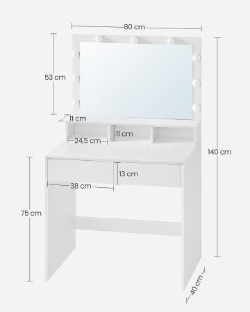 Masa de toaleta cu oglinda, iluminare LED, 2 sertare si 3 compartimente deschise, 80x40x140cm, modern, alb [4]