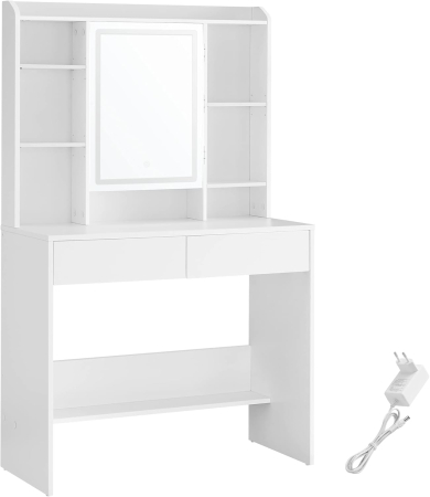 Mese cafea și decorative - Masa de toaleta cu oglinda, iluminare LED reglabila, 2 sertare, 90x40x145cm, alb