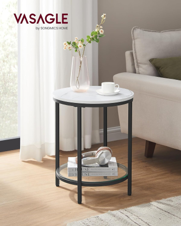 Mese cafea și decorative - Masa rotunda, cu cadru de otel, noptiera, 45x55cm, negru cu blat alb aspect marmura