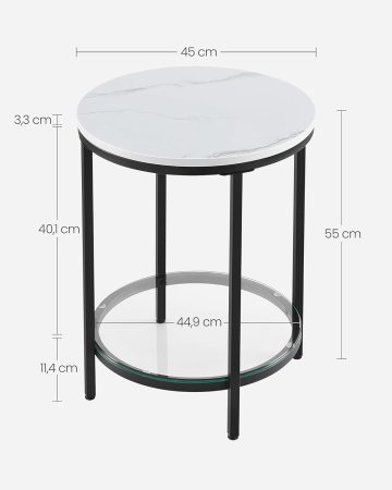 Masa rotunda, cu cadru de otel, noptiera, 45x55cm, negru cu blat alb aspect marmura [1]