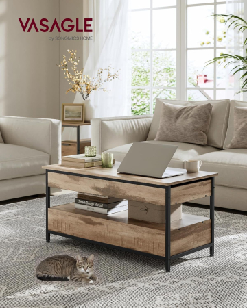 Mese cafea și decorative - Masuta de cafea cu blat rabatabil 100x50 cm, 5 compartimente, stil industrial, PAL si otel, maro-negru