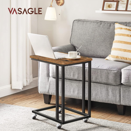 Mese cafea și decorative - Masuta de cafea, cu cadru de otel si roti, 35x50x60cm, industrial, maro rustic si negru