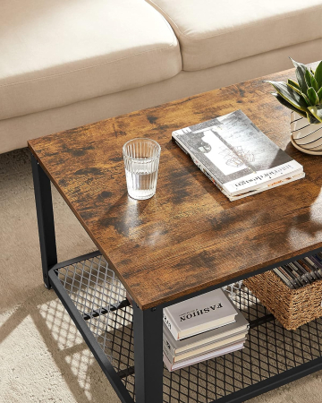 Masuta de cafea, cu cadru metalic, raft de depozitare, pentru living, 45x106x60cm, stil industrial, maro rustic [3]