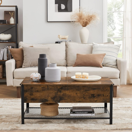 Mese cafea și decorative - Masuta de cafea cu capac rabatabil, compartiment depozitare ascuns si raft plasa, industrial, 100x55x47cm, maro rustic si negru