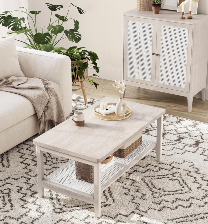 Mese cafea și decorative - Masuta de cafea, din MDF, cu spatiu de depozitare pe 2 nivele, 55x100x45 cm, stil boho, bej
