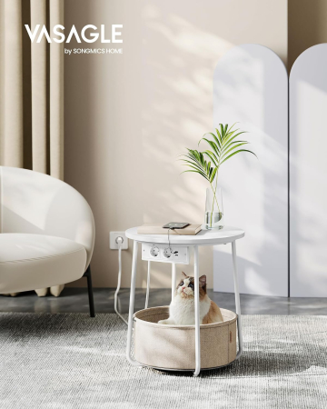 Mese cafea și decorative - Masuta de cafea rotunda cu cos de stofa, statie de incarcare 2 prize si 2 USB, 45x50cm, alb