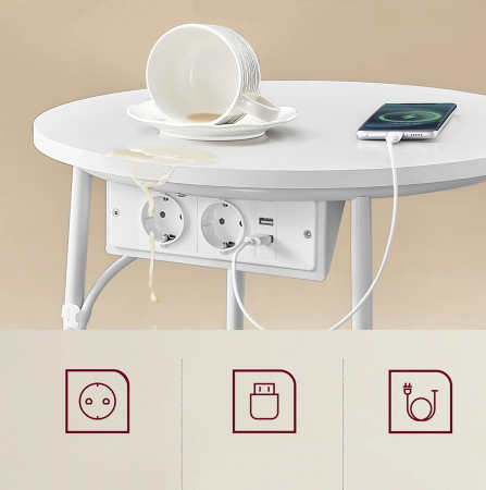 Masuta de cafea rotunda cu cos de stofa, statie de incarcare 2 prize si 2 USB, 45x50cm, alb [3]