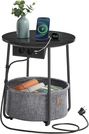 Mese cafea și decorative - Masuta de cafea rotunda cu cos de stofa, statie de incarcare 2 prize si 2 USB, 45x50cm, negru