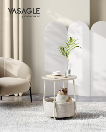 Masuta de cafea rotunda cu cos de stofa, stil modern, 45x50cm, bej [4]