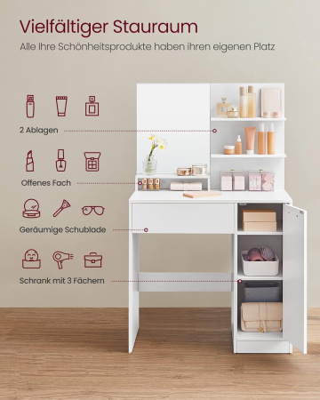 Masuta de toaleta cu oglinda, dulap si sertar pentru cosmetice, 80x40x132cm, alb [1]