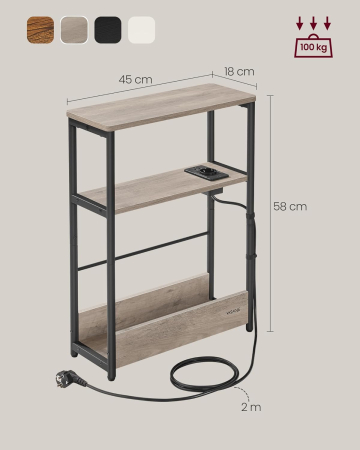 Articole pentru casă - Masuta ingusta cu priza si porturi de incarcare USB, 3 rafturi, 45x18x58 cm, gri