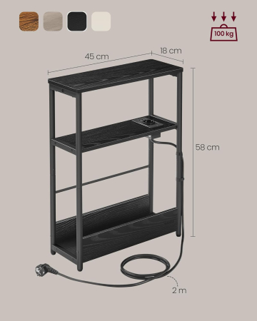 Articole pentru casă - Masuta ingusta cu priza si porturi de incarcare USB, 3 rafturi, 45x18x58 cm, negru