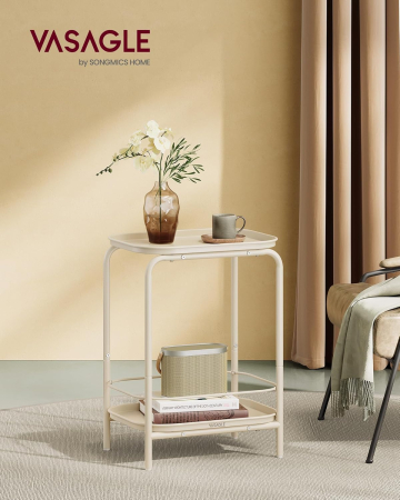 Mese cafea și decorative - Masuta laterala 40x30x56 cm, cu 2 rafturi, otel rezistent la apa si zgarieturi, crem
