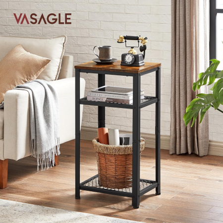 Mese cafea și decorative - Masuta laterala 40x30x75 cm, cu 2 rafturi grilaj si blat, otel si PAL, maro rustic si negru