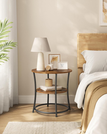 Masuta laterala rotunda, tip noptiera, cu 2 rafturi, cadru de otel, 55x55cm, maro rustic [3]