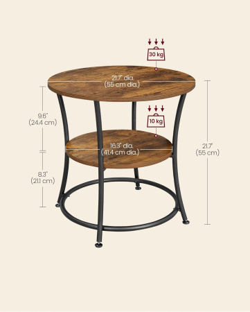 Masuta laterala rotunda, tip noptiera, cu 2 rafturi, cadru de otel, 55x55cm, maro rustic [8]