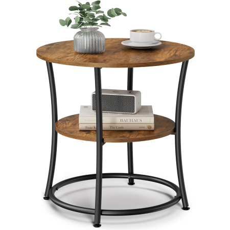 Masuta laterala rotunda, tip noptiera, cu 2 rafturi, cadru de otel, 55x55cm, maro rustic [9]